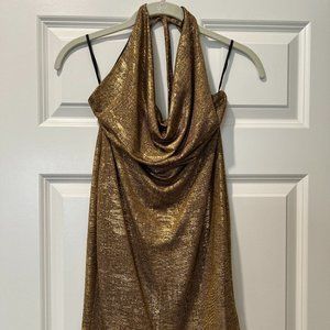 NWOT SHEIN Metallic Gold Halter Tie Cowl Neck Backless Mini Dress